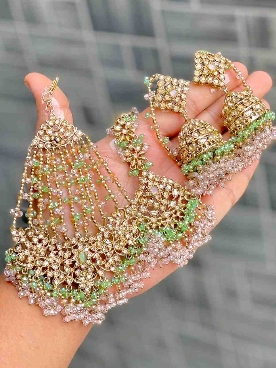Original Crystal Bead Work Pakistani Chain Jhumka With Tika And Beautiful Big Size Side Passa