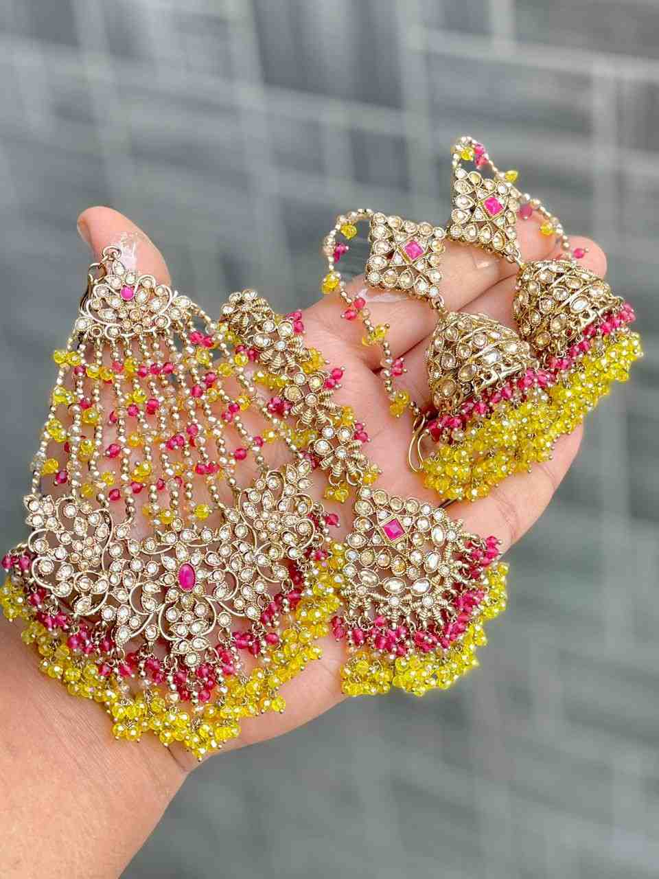 Original Crystal Bead Work Pakistani Chain Jhumka With Tika And Beautiful Big Size Side Passa