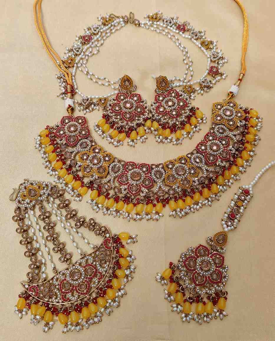 Beautiful Premium Quality Reverse Ad Stone Work Pakistani Necklace With Bahubali Earrings And Tika w