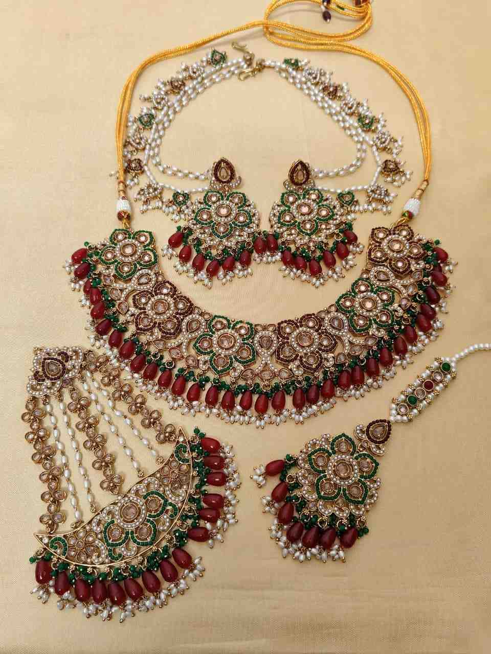 Beautiful Premium Quality Reverse Ad Stone Work Pakistani Necklace With Bahubali Earrings And Tika w