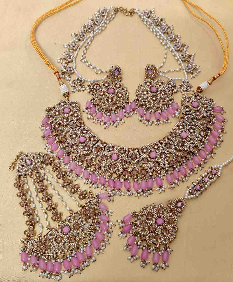 Beautiful Premium Quality Reverse Ad Stone Work Pakistani Necklace With Bahubali Earrings And Tika w