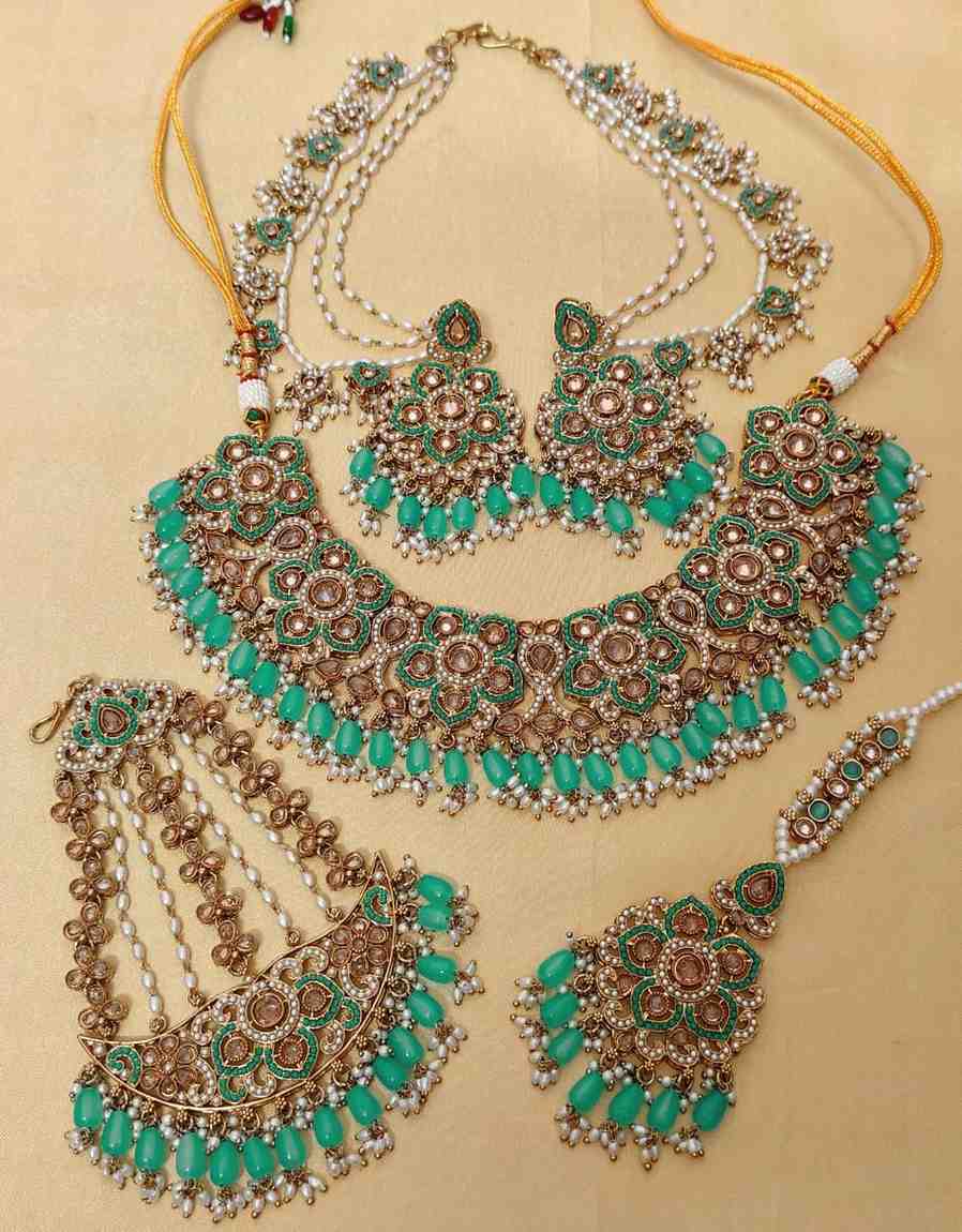 Beautiful Premium Quality Reverse Ad Stone Work Pakistani Necklace With Bahubali Earrings And Tika w