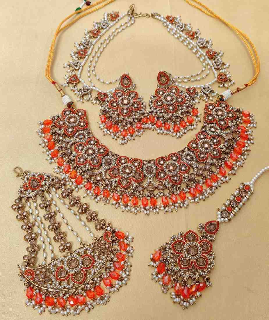 Beautiful Premium Quality Reverse Ad Stone Work Pakistani Necklace With Bahubali Earrings And Tika w