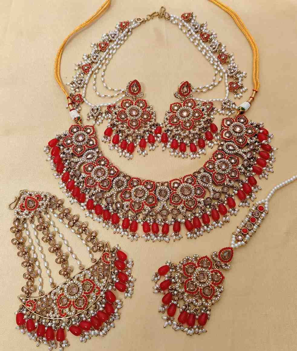 Beautiful Premium Quality Reverse Ad Stone Work Pakistani Necklace With Bahubali Earrings And Tika w