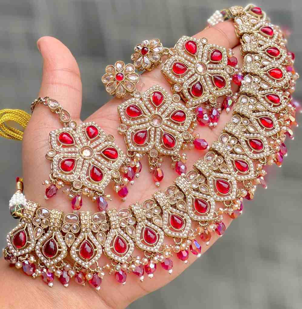 Beautiful Premium Quality  Reverse Ad Stone Work Pakistani Necklace With Beautiful Earrings and tika