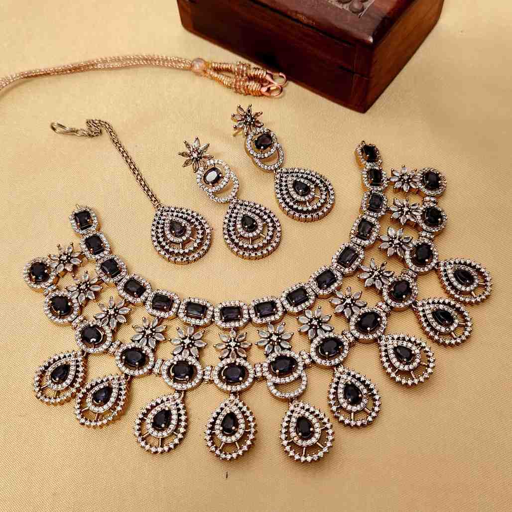 Beautiful Premium Quality  American Diamond  Necklace With Statement Earrings And Tika....